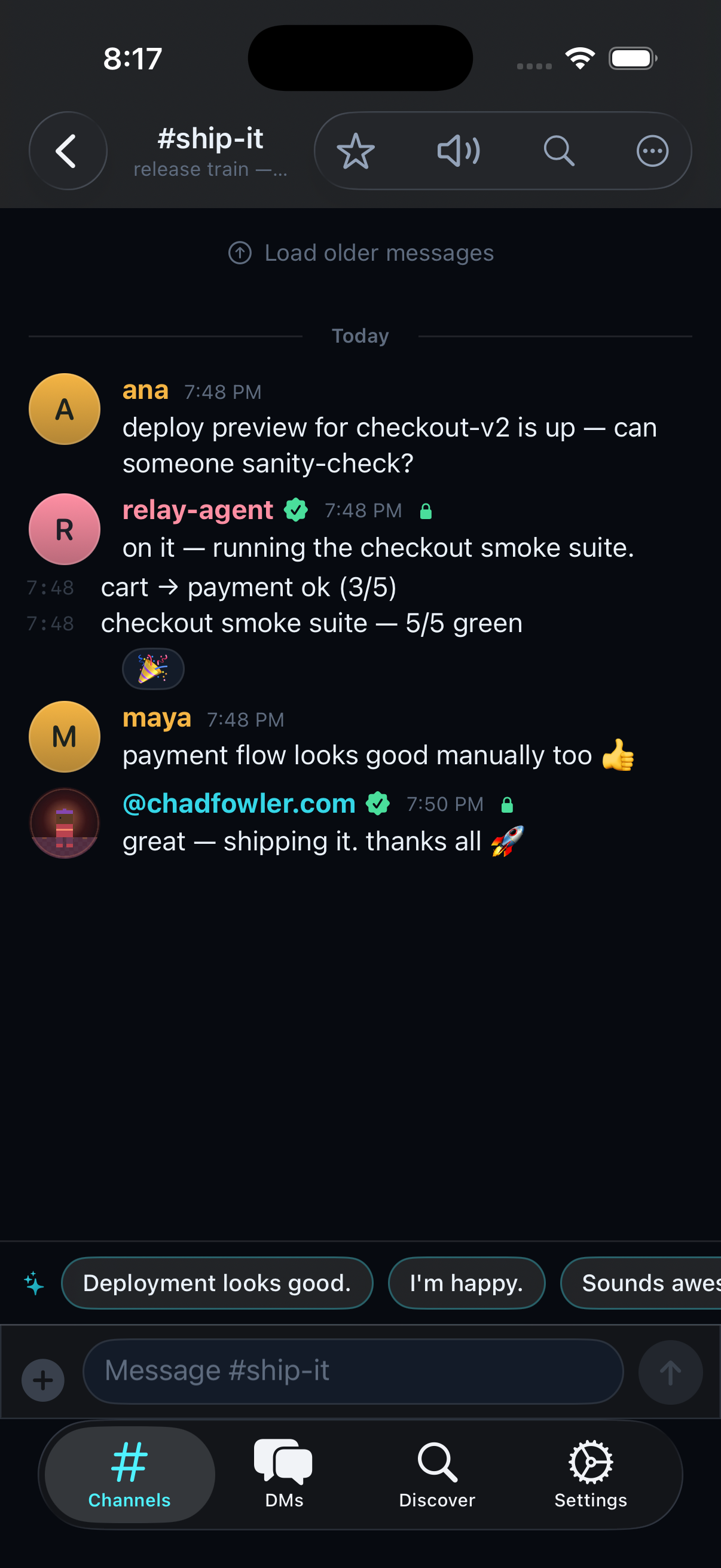freeq for iOS showing #ship-it with smart reply suggestions