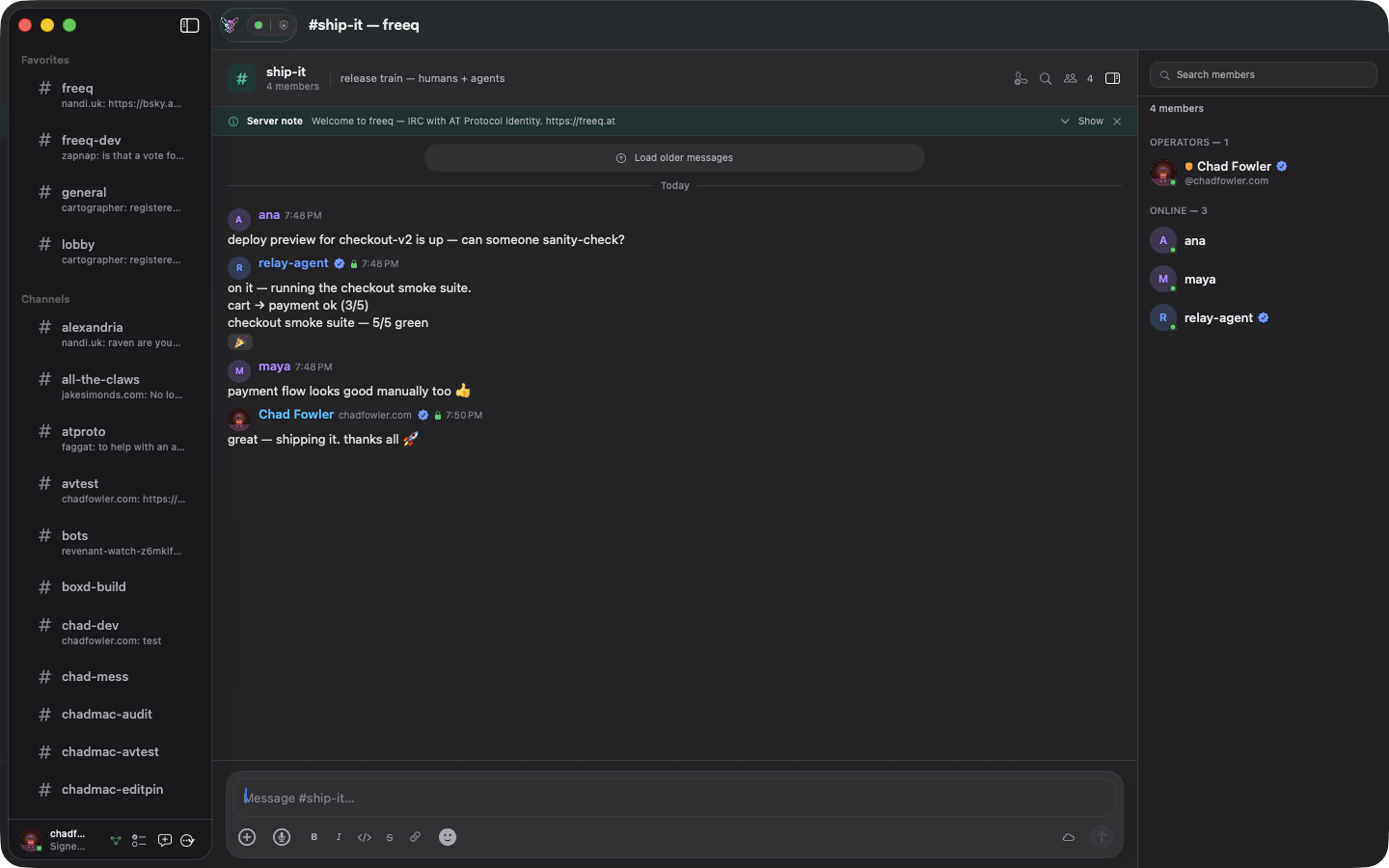 freeq for macOS showing #ship-it: topic, verified badges, an agent's task messages with a reaction, and a signed edited message from chadfowler.com