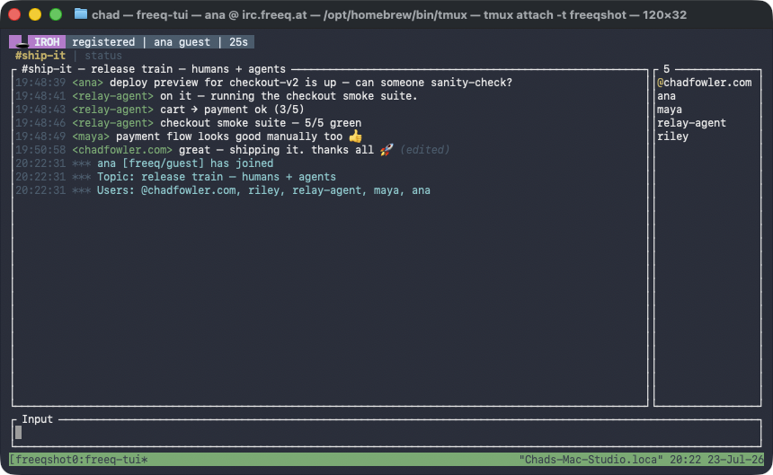 freeq-tui in a terminal showing #ship-it over iroh QUIC