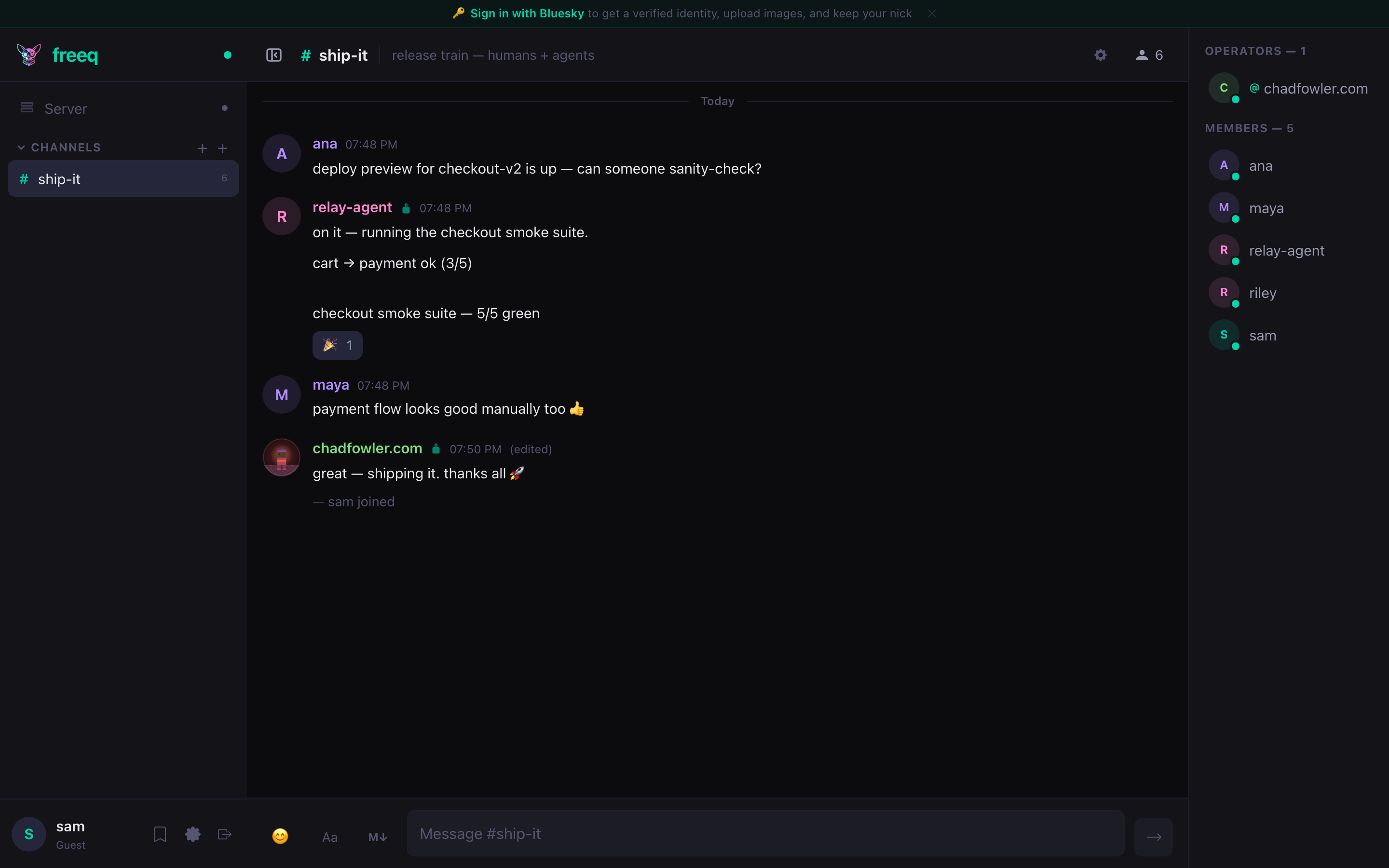 freeq web client at irc.freeq.at showing the same #ship-it conversation as a guest